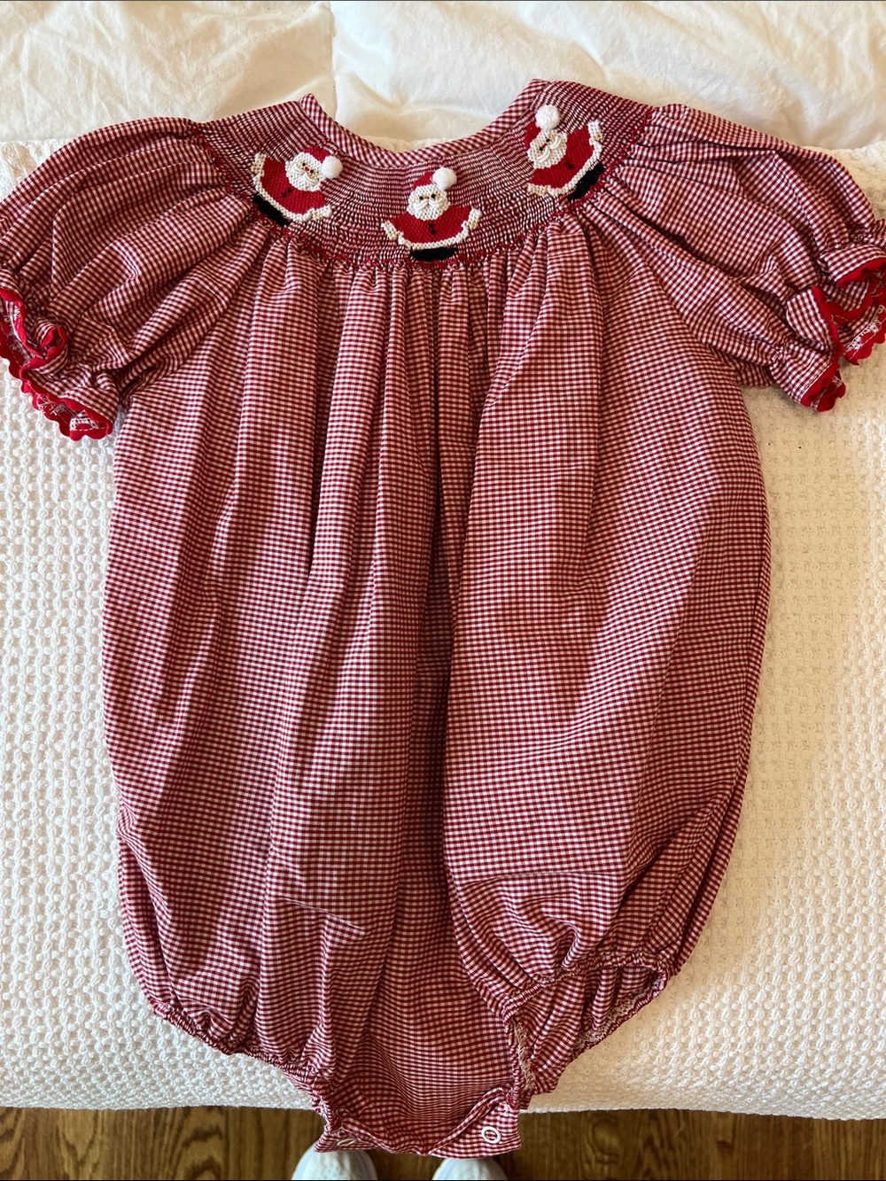 Red Gingham Santa Smocked Baby One-Piece Romper